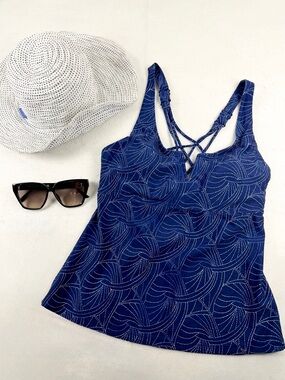 Title Nine Blue Printed Underwire Tankini Top 32D Crisscross Back Swim‎